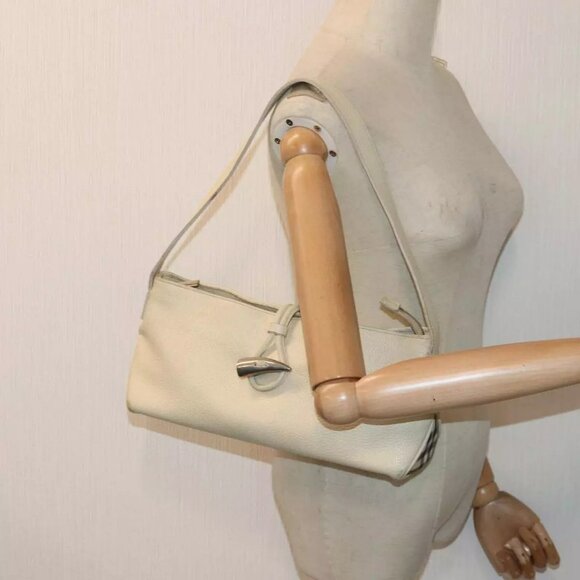 BURBERRY Shoulder Bag Leather Cream Silver Auth - Picture 1 of 16
